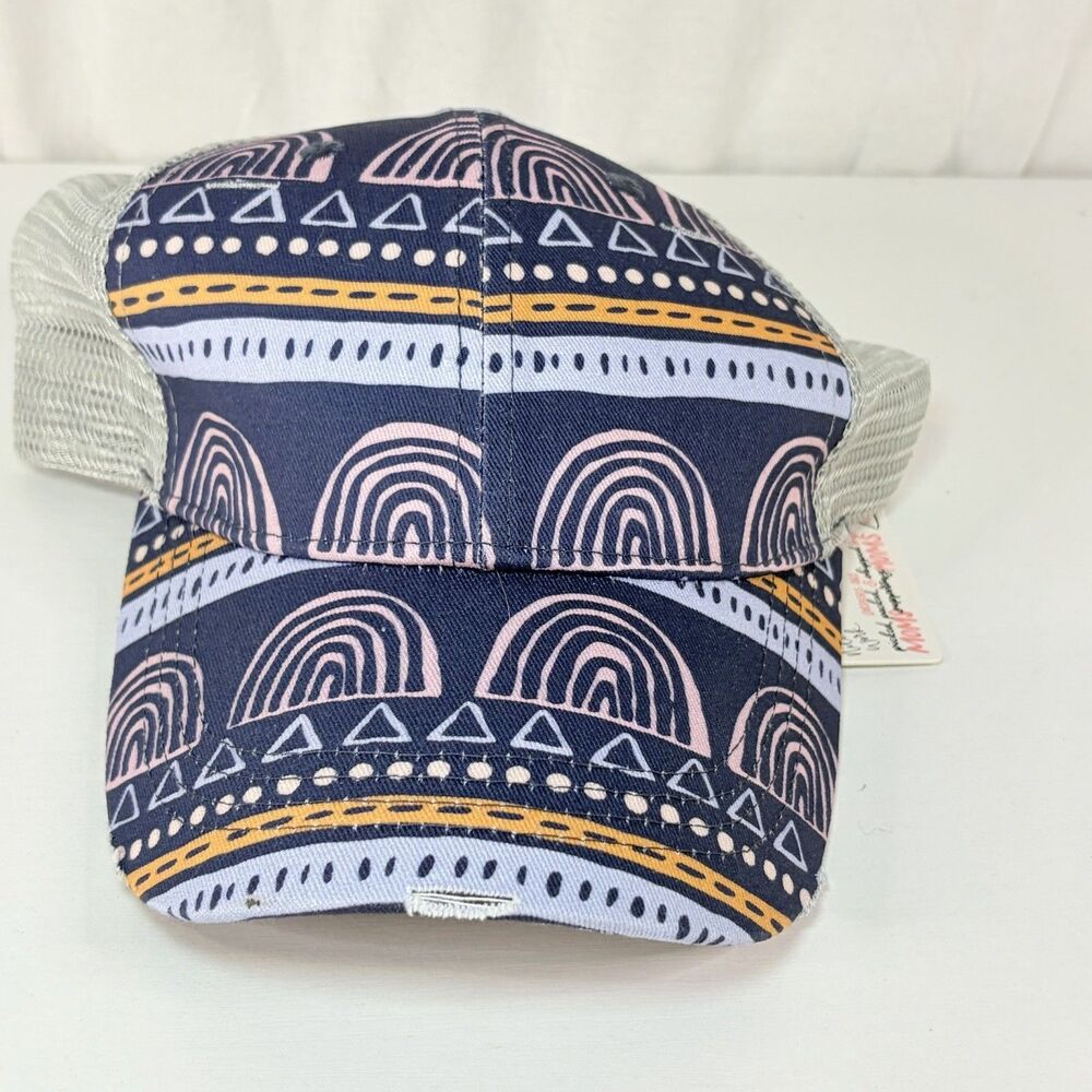 NWT Latched Mama Rainbow Geometric Distressed Ponytail Mesh Strapback Cap Hat